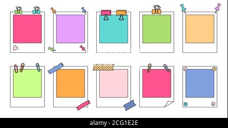 Set di cartoni animati Polaroid Photo Frame line. Collezione di notebook con clip di carta, perni a pressione. Note cartacee messaggi memo con pianificazione degli elementi. Vari ufficio di affari di etichetta, la scrittura ricorda. Vettore isolato Illustrazione Vettoriale