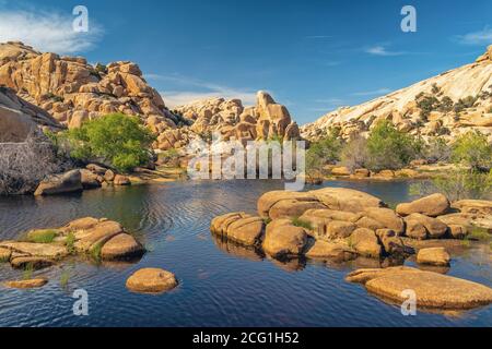 Joshua Tree National Park, California. Il paese delle meraviglie delle rocce e del bacino idrico sopra la diga di Barker Foto Stock