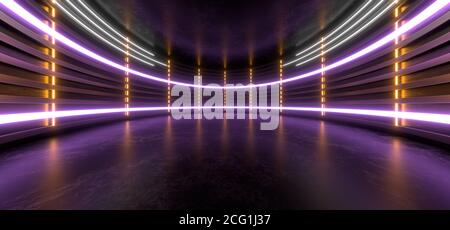 Sala scura con luci al neon di colore chiaro. Spazio nero vuoto per il testo. Riflessi sfocati sul pavimento. Astratto sfondo nero. Immagine di rendering 3D. Foto Stock
