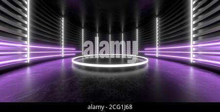Sala scura con luci al neon di colore chiaro. Spazio nero vuoto per il testo. Riflessi sfocati sul pavimento. Astratto sfondo nero. Immagine di rendering 3D. Foto Stock