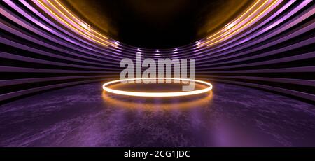 Sala scura con luci al neon di colore chiaro. Spazio nero vuoto per il testo. Riflessi sfocati sul pavimento. Astratto sfondo nero. Immagine di rendering 3D. Foto Stock