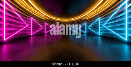 Sala scura con luci al neon di colore chiaro. Spazio nero vuoto per il testo. Riflessi sfocati sul pavimento. Astratto sfondo nero. Immagine di rendering 3D. Foto Stock