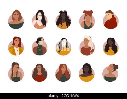 Impostare diversi ritratti astratti donne di grandi diversi team di business. Gruppo di colleghi gioiosi. Collezione di personaggi di cartoni animati femminili. Varie Illustrazione Vettoriale