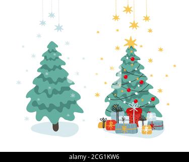 Clip-art per il design e il nuovo anno. Un insieme di albero di Natale nella foresta e decorato con una stella, ghirlande e doni. Illustrazione vettoriale piatta. Stile cartone animato isolato su sfondo bianco Illustrazione Vettoriale