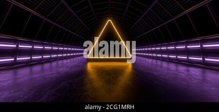 Un tunnel scuro di tubi illuminato da luci e lampade al neon bianche. Riflessione sfocata sul pavimento. immagine di rendering 3d. Foto Stock