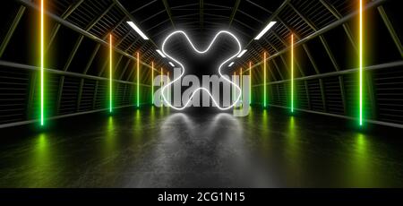 Un tunnel scuro di tubi illuminato da luci e lampade al neon bianche. Riflessione sfocata sul pavimento. immagine di rendering 3d. Foto Stock