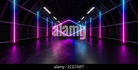 Un tunnel scuro di tubi illuminato da luci e lampade al neon bianche. Riflessione sfocata sul pavimento. immagine di rendering 3d. Foto Stock