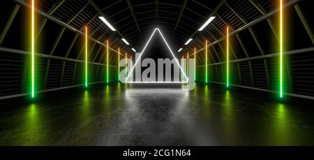 Un tunnel scuro di tubi illuminato da luci e lampade al neon bianche. Riflessione sfocata sul pavimento. immagine di rendering 3d. Foto Stock