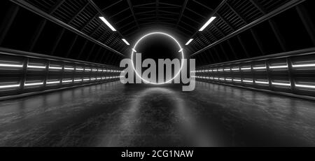 Un tunnel scuro di tubi illuminato da luci e lampade al neon bianche. Riflessione sfocata sul pavimento. immagine di rendering 3d. Foto Stock