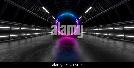 Un tunnel scuro di tubi illuminato da luci e lampade al neon bianche. Riflessione sfocata sul pavimento. immagine di rendering 3d. Foto Stock