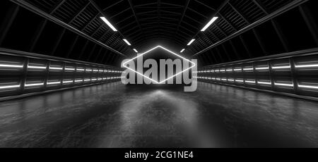 Un tunnel scuro di tubi illuminato da luci e lampade al neon bianche. Riflessione sfocata sul pavimento. immagine di rendering 3d. Foto Stock