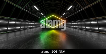 Un tunnel scuro di tubi illuminato da luci e lampade al neon bianche. Riflessione sfocata sul pavimento. immagine di rendering 3d. Foto Stock