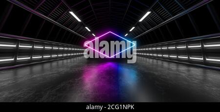 Un tunnel scuro di tubi illuminato da luci e lampade al neon bianche. Riflessione sfocata sul pavimento. immagine di rendering 3d. Foto Stock