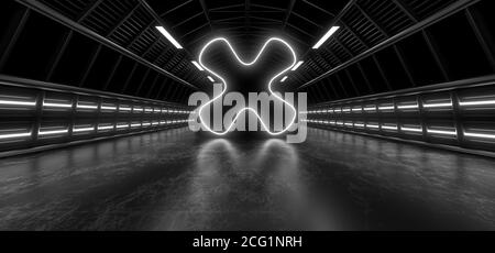 Un tunnel scuro di tubi illuminato da luci e lampade al neon bianche. Riflessione sfocata sul pavimento. immagine di rendering 3d. Foto Stock