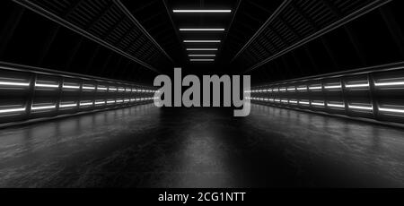 Un tunnel scuro di tubi illuminato da luci e lampade al neon bianche. Riflessione sfocata sul pavimento. immagine di rendering 3d. Foto Stock