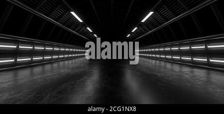 Un tunnel scuro di tubi illuminato da luci e lampade al neon bianche. Riflessione sfocata sul pavimento. immagine di rendering 3d. Foto Stock