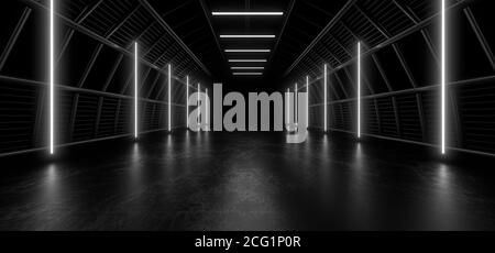 Un tunnel scuro di tubi illuminato da luci e lampade al neon bianche. Riflessione sfocata sul pavimento. immagine di rendering 3d. Foto Stock