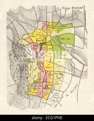 BORGOGNA BORGOGNA BORGOGNA BORGOGNA MAPPA DEI VIGNETI Côte de Beaune Chassagne-Montrachet RODIER 1948 Foto Stock