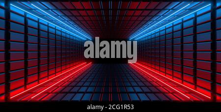 Un corridoio scuro illuminato da colorate luci al neon. Riflessioni sul pavimento e sulle pareti. Sfondo vuoto al centro. immagine di rendering 3d. Foto Stock
