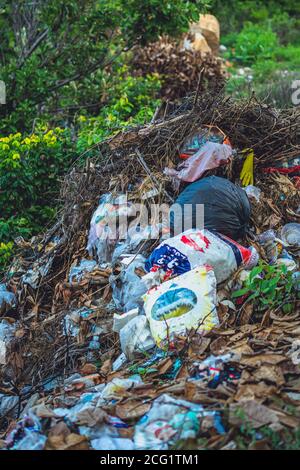 L'uomo di riciclaggio versato fatto spazzatura in parco foresta vicino alla città. Svuotare le bottiglie di plastica sporche usate tappano i sacchetti e le scatole di carta di cartone. Ambientale a. Foto Stock