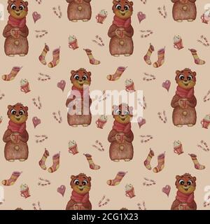 Ripetizioni senza giunture. Un carino orsacchiotto con una sciarpa e una tazza nelle zampe, con calze natalizie, dolci, dolci e una tazza di dessert - su un rosa Foto Stock