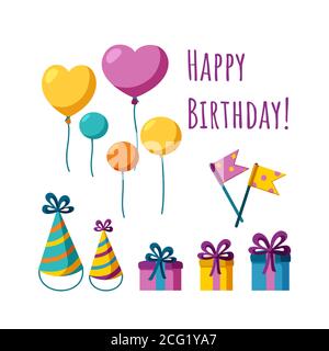 Set di accessori per compleanno. Palloncini, bandiere, regali e tutto ciò di cui hai bisogno per un compleanno. Illustrazione vettoriale piatta isolata su sfondo bianco Illustrazione Vettoriale