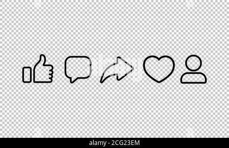 Icona della linea dei social media. Cuore, come, condividere, commentare, pollici su sfondo trasparente isolato. EPS 10 Illustrazione Vettoriale