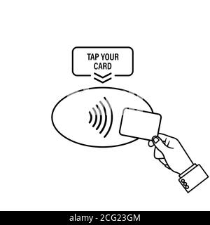 Icona del profilo di pagamento NFC. Carta di credito per pagamenti senza contatto. Tocca per pagare. Concetto di comunicazione vicino al campo. Cartello di pagamento. Vettore su bianco isolato Illustrazione Vettoriale