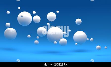 sfondo blu 3d con sfere bianche casuali fluttuanti, illustrazione 3d Foto Stock