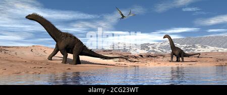 I dinosauri di Alamosaurus camminano vicino al lago - rendering 3D Foto Stock