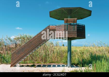 Torre di osservazione degli uccelli nella zona umida del Delta di Ebro con campo di riso contro un cielo blu nuvoloso. Spazio di copia vuoto per il testo dell'editor Foto Stock