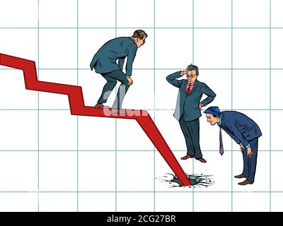 Uomini d'affari e il problema del fallimento. Il grafico scende e ha rotto il pavimento Illustrazione Vettoriale