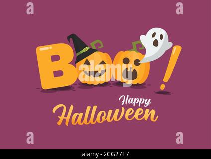 Poster di Halloween felice. Halloween Pumpkins fa parte della parola di Boo. Illustrazione vettoriale Illustrazione Vettoriale