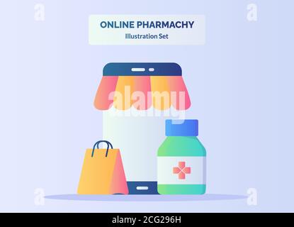 Illustrazione della farmacia online Imposta l'e-commerce store nelle app mobili smartphone sfondo del flacone di carta di farmaco con stile piatto di colore Illustrazione Vettoriale