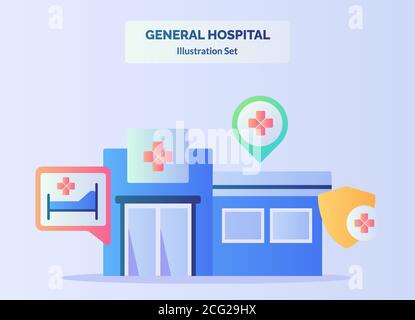 Illustrazione generale dell'ospedale Set di sfondo dell'edificio dell'ospedale della protezione del letto posizione del punto di protezione con colore piatto Illustrazione Vettoriale
