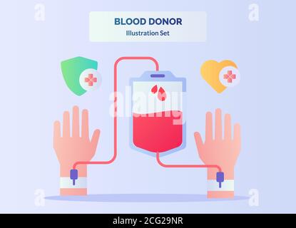 Illustrazione del donatore di sangue impostare il sangue prelevato dalla mano nei flussi della sacca altra mano sfondo di croce rossa scudo cuore con piatto stile colore Illustrazione Vettoriale