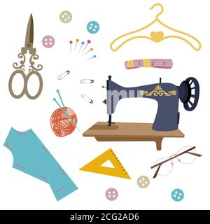 Set di icone oggetto collezione macchina da cucire forbici filo spilla ago con cartoni piatti. Illustrazione Vettoriale
