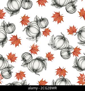sfondo autunnale senza cuciture con disegno di zucca d'inchiostro e foglie d'autunno acquerello, decorazione a motivi di caduta per sfondi, tessuto o avvolgimento Foto Stock