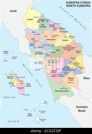 Mappa amministrativa vettoriale della provincia indonesiana di Sumatra settentrionale, Sumatra, Indonesia Illustrazione Vettoriale