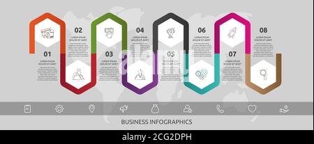 Esagoni del modello infografico vettoriale per otto icone, diagramma, grafico, presentazione. Concetto aziendale con 8 passaggi. Per contenuti, diagrammi di flusso, timeline Illustrazione Vettoriale