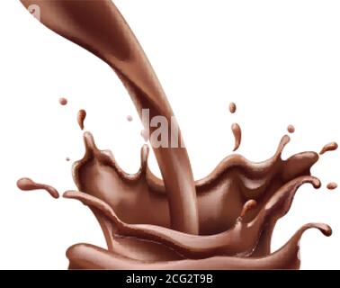 Latte di cioccolato che versa. Grandi schizzi. Vettore realistico Illustrazione Vettoriale