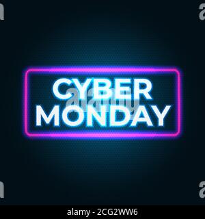 Banner luminoso cyber monday. Segno di prezzo dell'offerta speciale. Poster di promozione del design vettoriale moderno, banner Web. Volantino al neon Cyber monday. Sfondo al neon Illustrazione Vettoriale