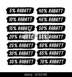 Mano abbozzò parola RABATT in tedesco. Sconto tradotto. Etichette di vendita abbozzate a mano 5 off, 10, 20, 30, 40, 50, 60, 70% etichetta Illustrazione Vettoriale