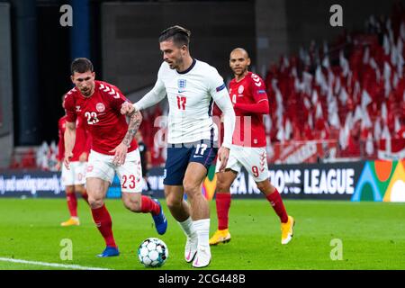 Copenaghen, Danimarca. 8 settembre 2020. Jack Grealish (17) dell'Inghilterra visto durante la partita della UEFA Nations League tra la Danimarca e l'Inghilterra a Parken a Copenhagen. (Photo Credit: Gonzales Photo/Alamy Live News Foto Stock