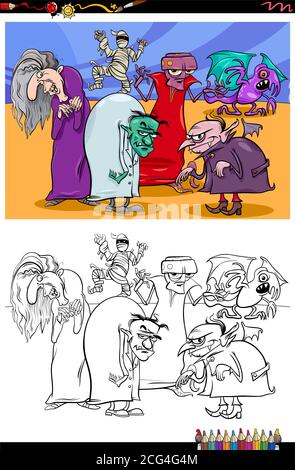 Cartoon Illustrazione di Funny Monsters Fantasy personaggi Gruppo Coloring Book Pagina Illustrazione Vettoriale