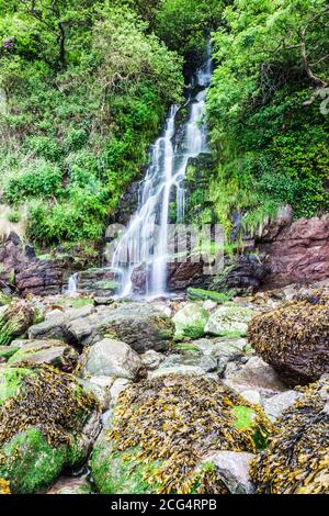 La cascata a Woody Bay nel Parco Nazionale Exmoor, Devon. Foto Stock