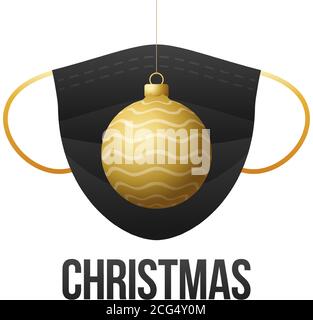 Pallina di Natale in oro realistico con maschera medica usa e getta su bianco sfondo Illustrazione Vettoriale