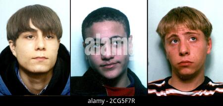 Composito di non datato raccogliere foto: Da sinistra; David Huggins, 18, Aaron Cole, 19, e James Pearce, 19, che sono stati trovati colpevoli al vecchio Bailey dell'uccisione di Jamie Robe teenager a Rotherhithe, a sud-est di Londra, dopo una notte fuori nel mese di agosto 1997. * Jamie è stato bludgeoned alla morte con armi che includono una mazza da baseball, un grumo di cricket e un culo di snooker dopo che è stato messo sopra sulla tenuta di Osprey a Rotherhithe, Londra sud-orientale, dopo una notte fuori in agosto 1997. *20/10/99: Un giudice dell'Old Bailey ordinò di essere detenuto per piacere di sua Maestà per l'omicidio di Jamie Robe. Foto Stock