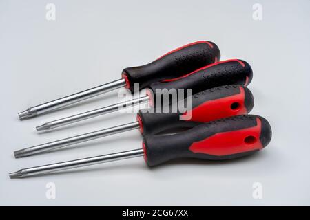 Set di cacciaviti Torx con teste a stella a 6 punti distinte su sfondo bianco noto come cacciaviti a stella o punte a stella Foto Stock