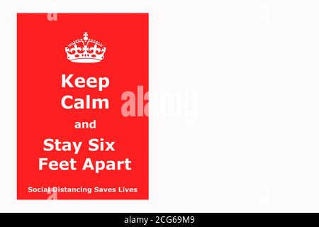 Mantenere la calma e la distanza sociale sei piedi informazioni poster illustrazione Foto Stock